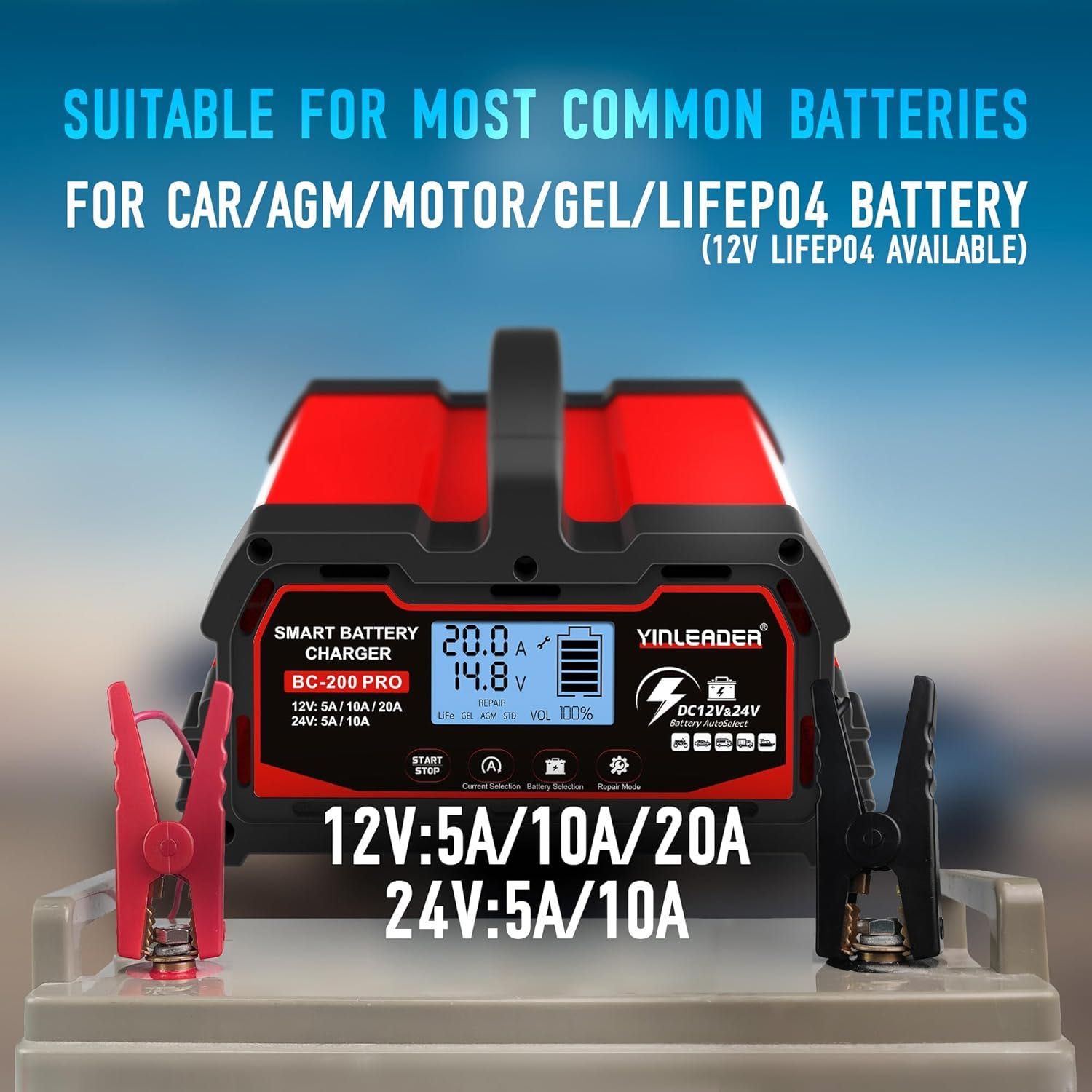 Inteligentna ładowarka samochodowa 12V/24V 20A z LCD do akumulatorów
