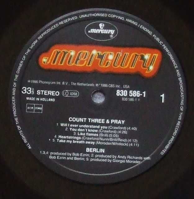 Berlin – Count Three & Pray,(Top Gun), EX,HOL, LP