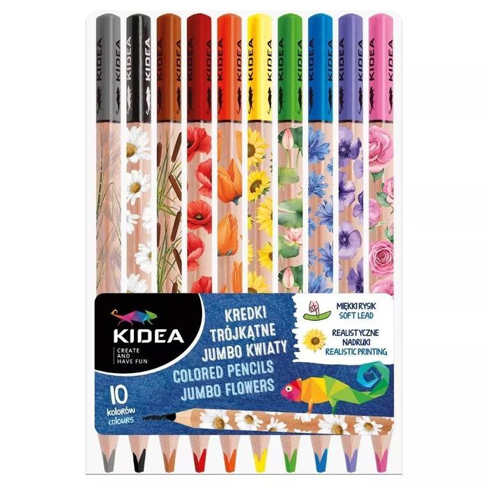 Kredki trójkątne jumbo Kwiaty 10 kolorów KIDEA. Derform. Nowy Produkt