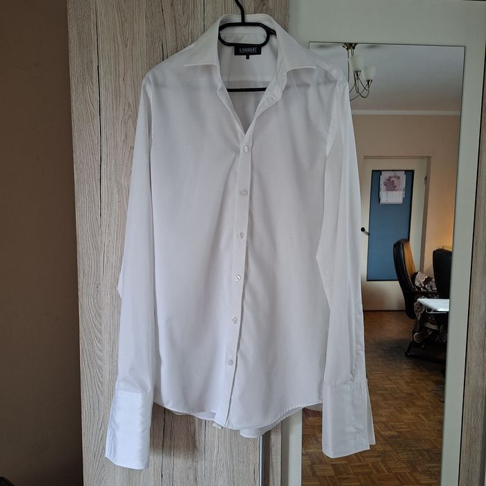 Koszula Lambert M slim fit biała na spinki kołnierzyk 39
