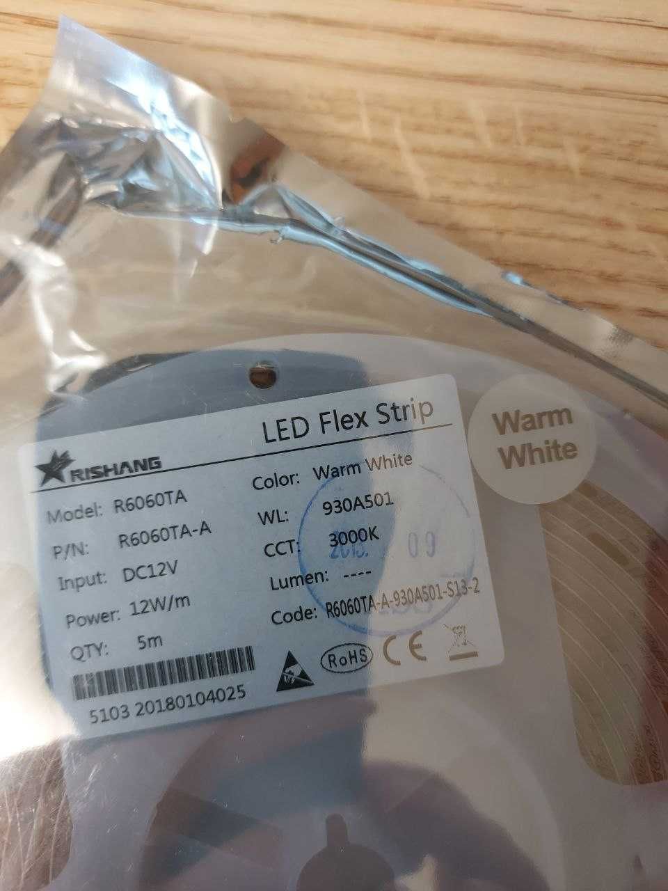 Led лента Rishang R6060TA 12W/m, DC 12V, IP65, 3000K Warm White