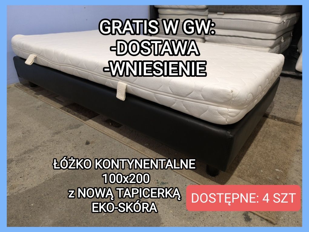 Łóżko kontynentalne 100x200 + Materac NOWA TAPICERKA rama LITE DREWNO