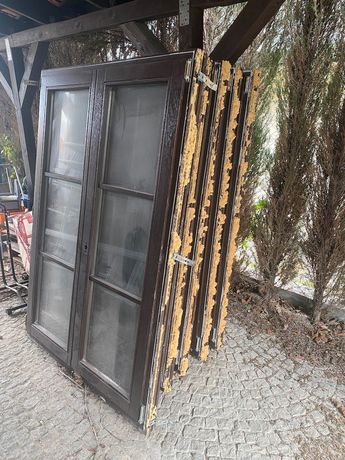 Okna drewniane 6 sztuk + drzwi tarasowe x 1 z rozbiórki.