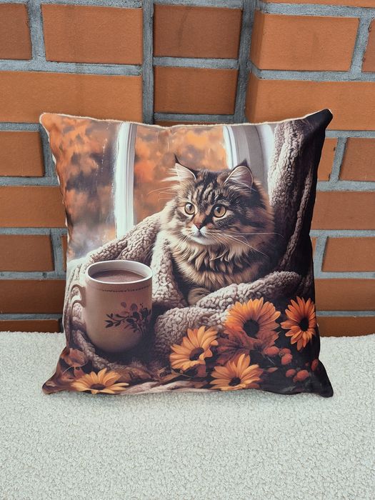 Poszewka poduszka kot z kawą 40x40cm  kotek jesienna urodziny prezent