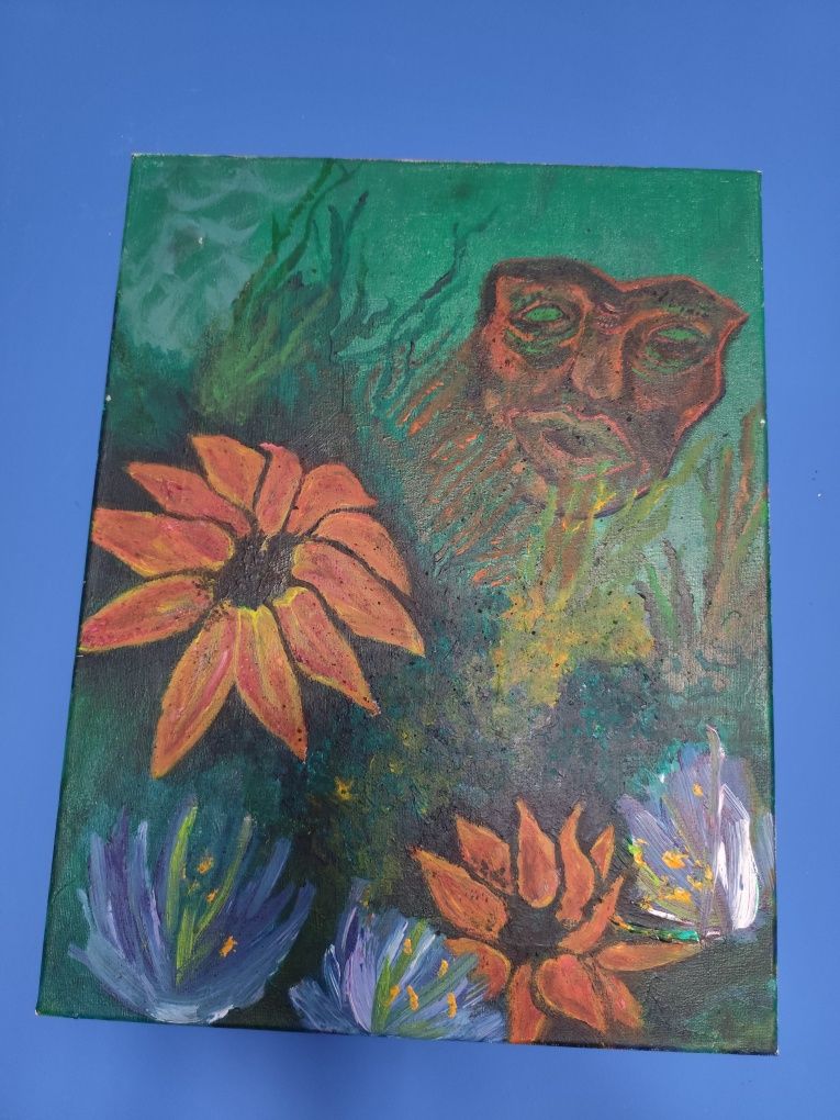 Obraz akryl maska głowa 40cmx30cm kwiaty zielony pomarańczowy brązowy