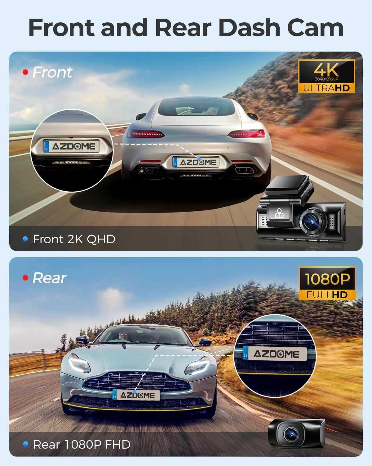 AZDOME M550Pro Wideorejestrator 4K GPS WiFi GSensor 64GB Przod Tył