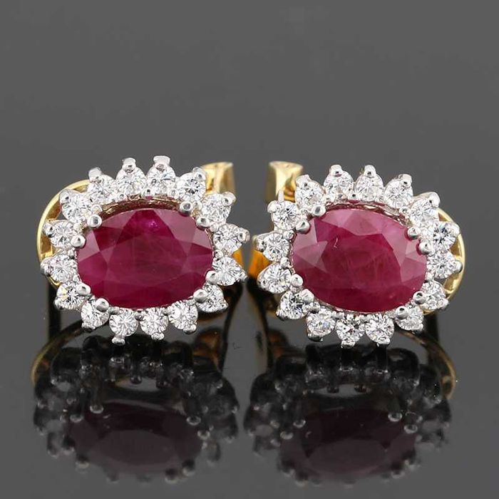 Złote kolczyki z rubinami i cyrkoniami owalne okazałe 18K