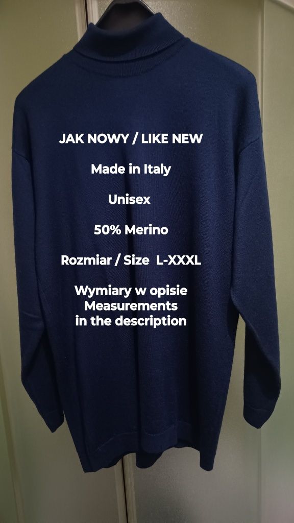 Made in Italy  Włoski sweter z golfem z wełny, 50% Merino,  L-XXXL