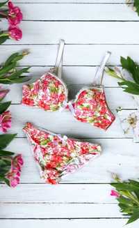 Strój Kąpielowy Dwuczęściowy Bikini Kolorowe Kwiaty Floral Boho Retro