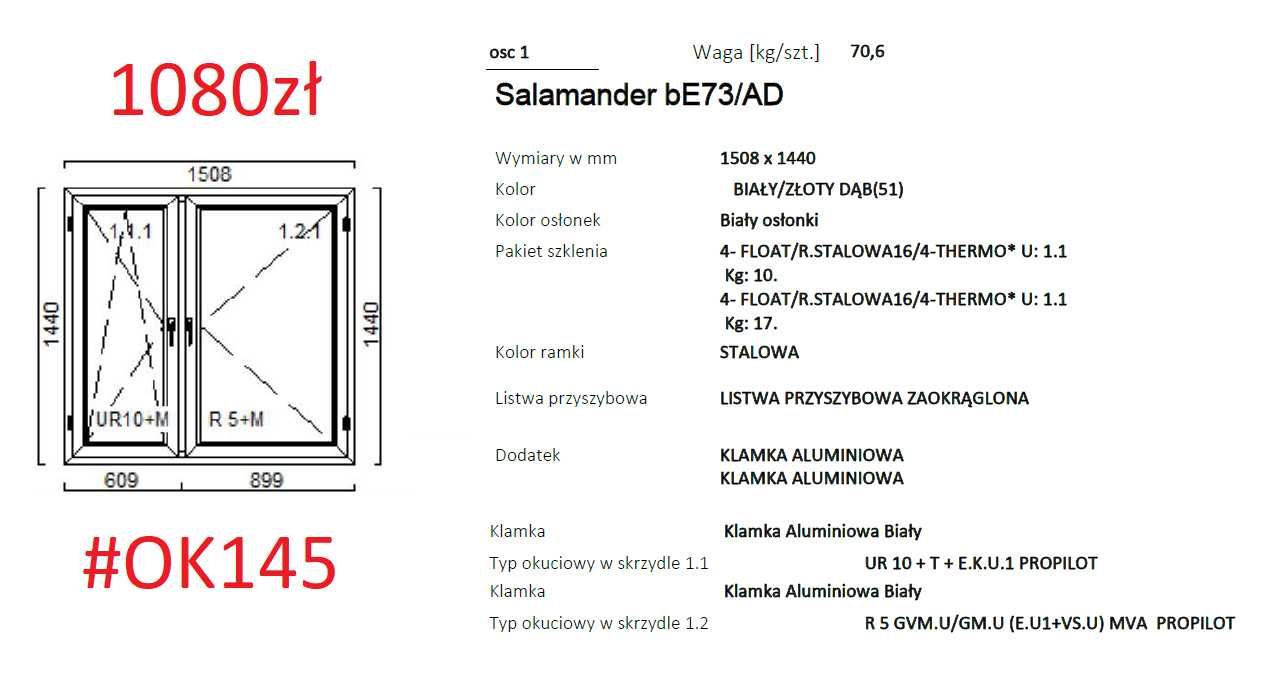 Okno 1508x1440 biały/złoty dąb 2 szyby