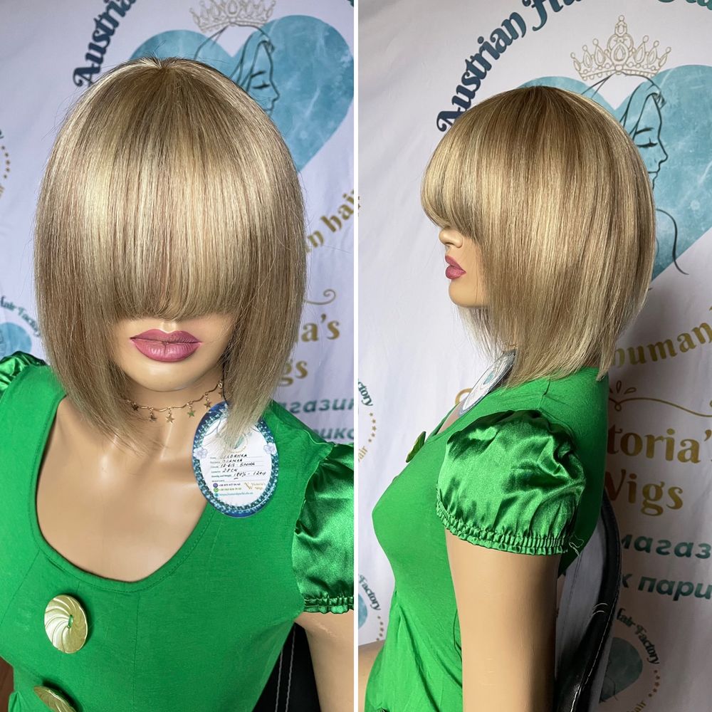 Натуральный парик перука песочный блонд каре с чёлкой славянский волос