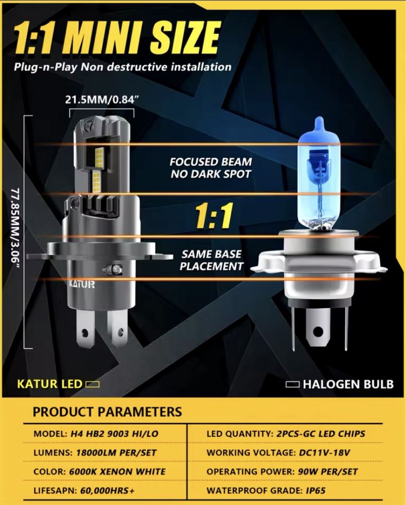 Автомобільні Led лампи Katur H4 з кулером та вбудованим Canbus