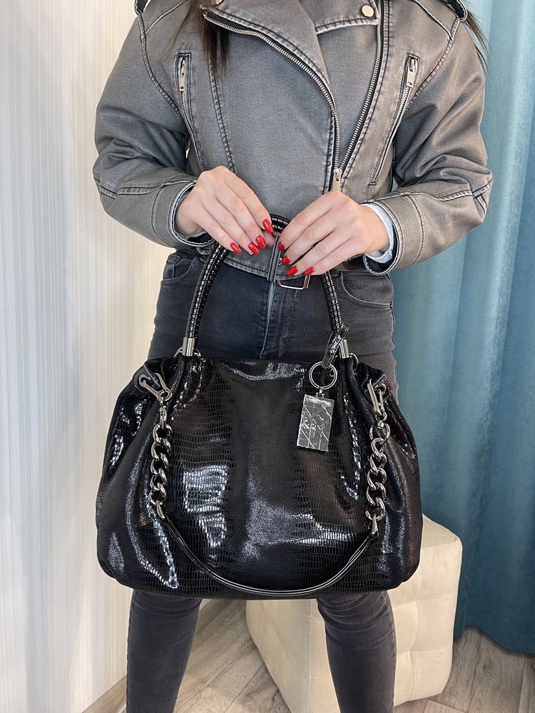 Женская сумка кожа лазер Polina&Eiterou Жіноча сумка шкіра чорний,беж