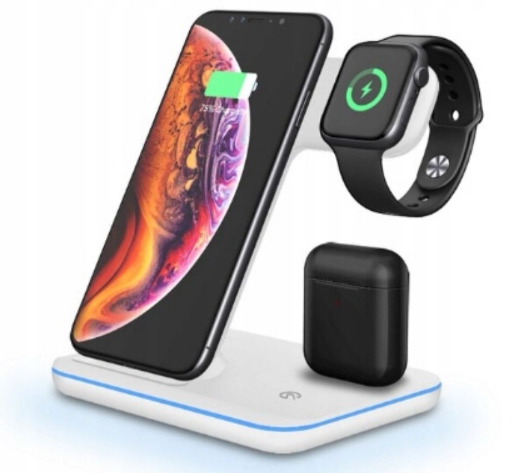 Bezprzewodowa stacja ładująca ładuje jednocześnie telefon, iWatch i Ai