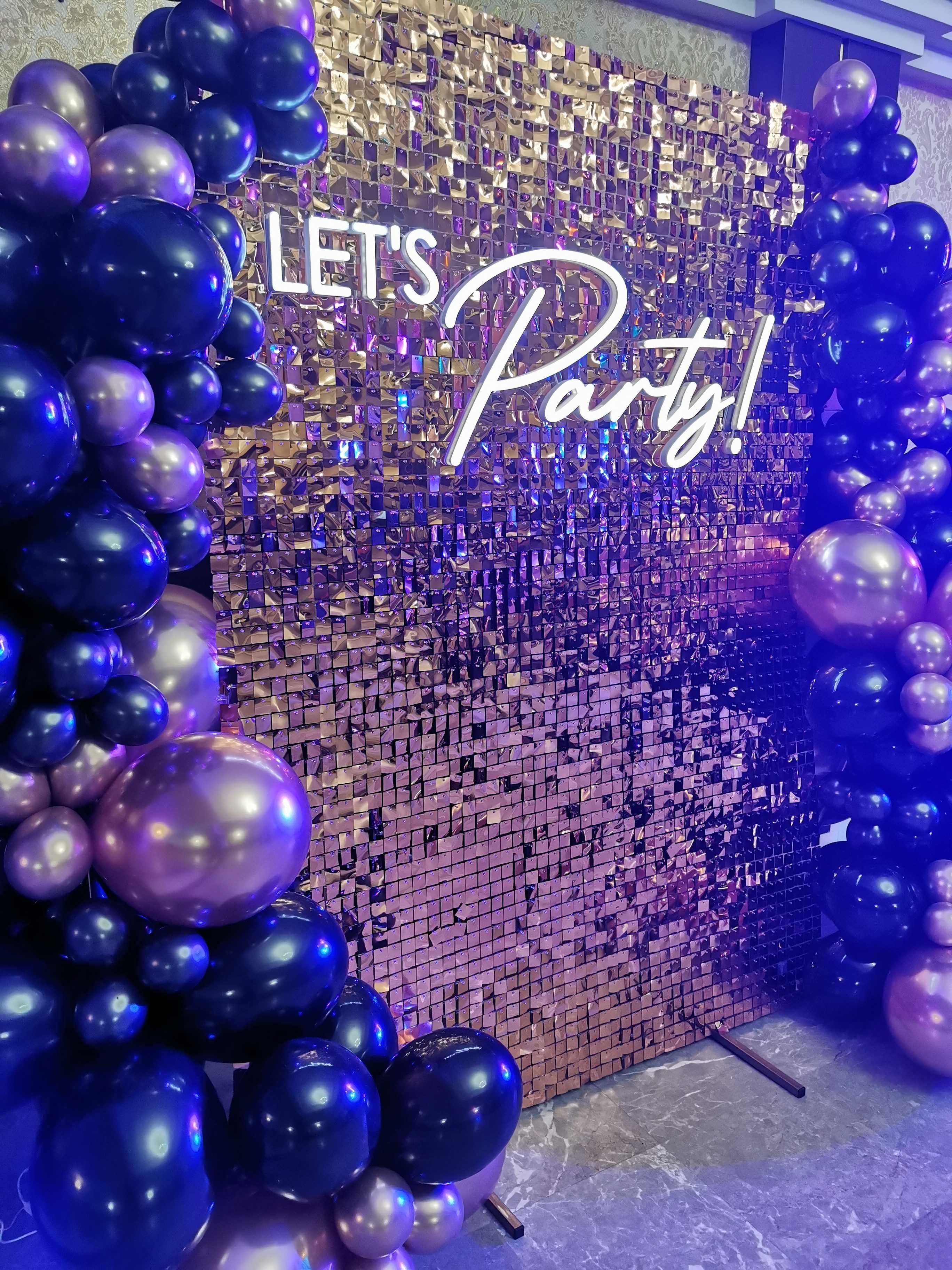 Ledon, napis led Let's Party! ścianka cekinowa, dekoracja balonowa