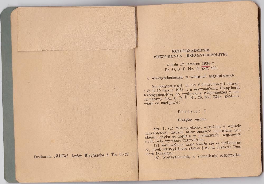 Rozporządzenie o wierzytelnościąh w walutach zagranicznych, Lwow 1934