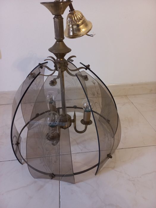 Candeeiro de teto rústico em vidro serigrafado e metal