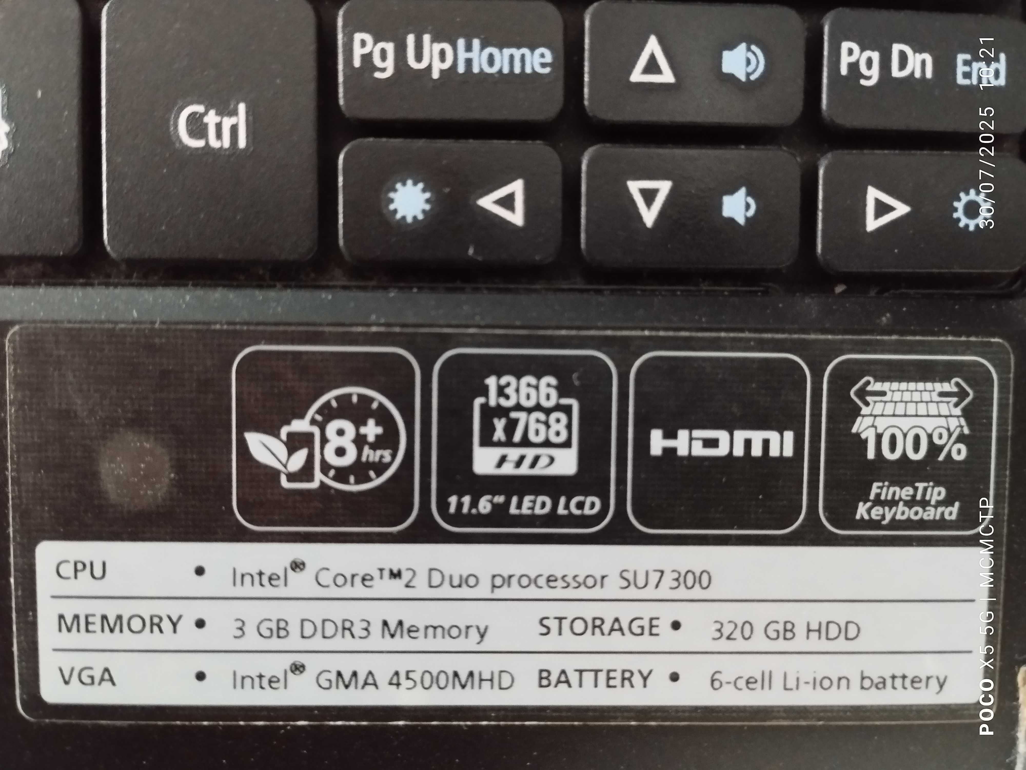 Acer Aspire 1825PT, ecrã tátil de 11.6", CPU Intel, 3GB RAM, 320GB HDD