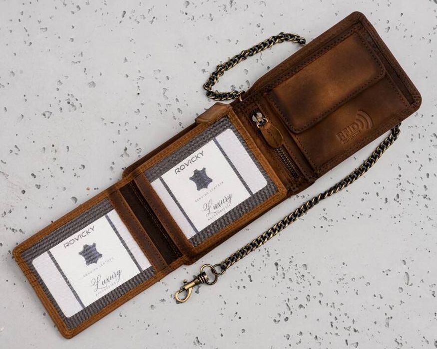 Duży, Skórzany Portfel Męski Z Łańcuszkiem