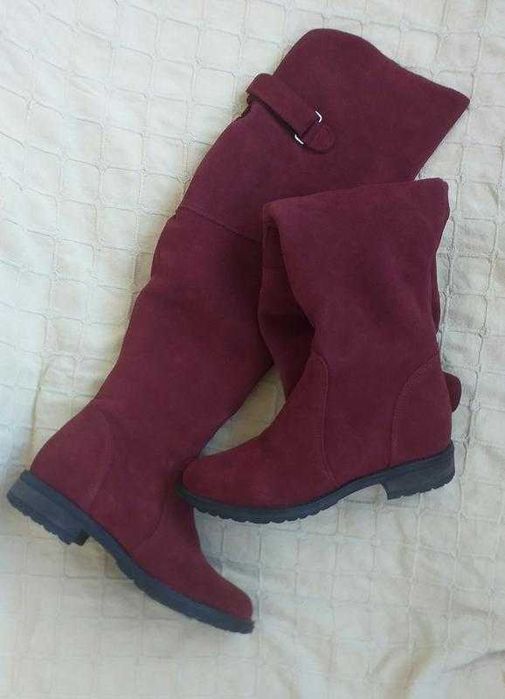 Замшеві зимові чоботи/ботфорти бордового коліру