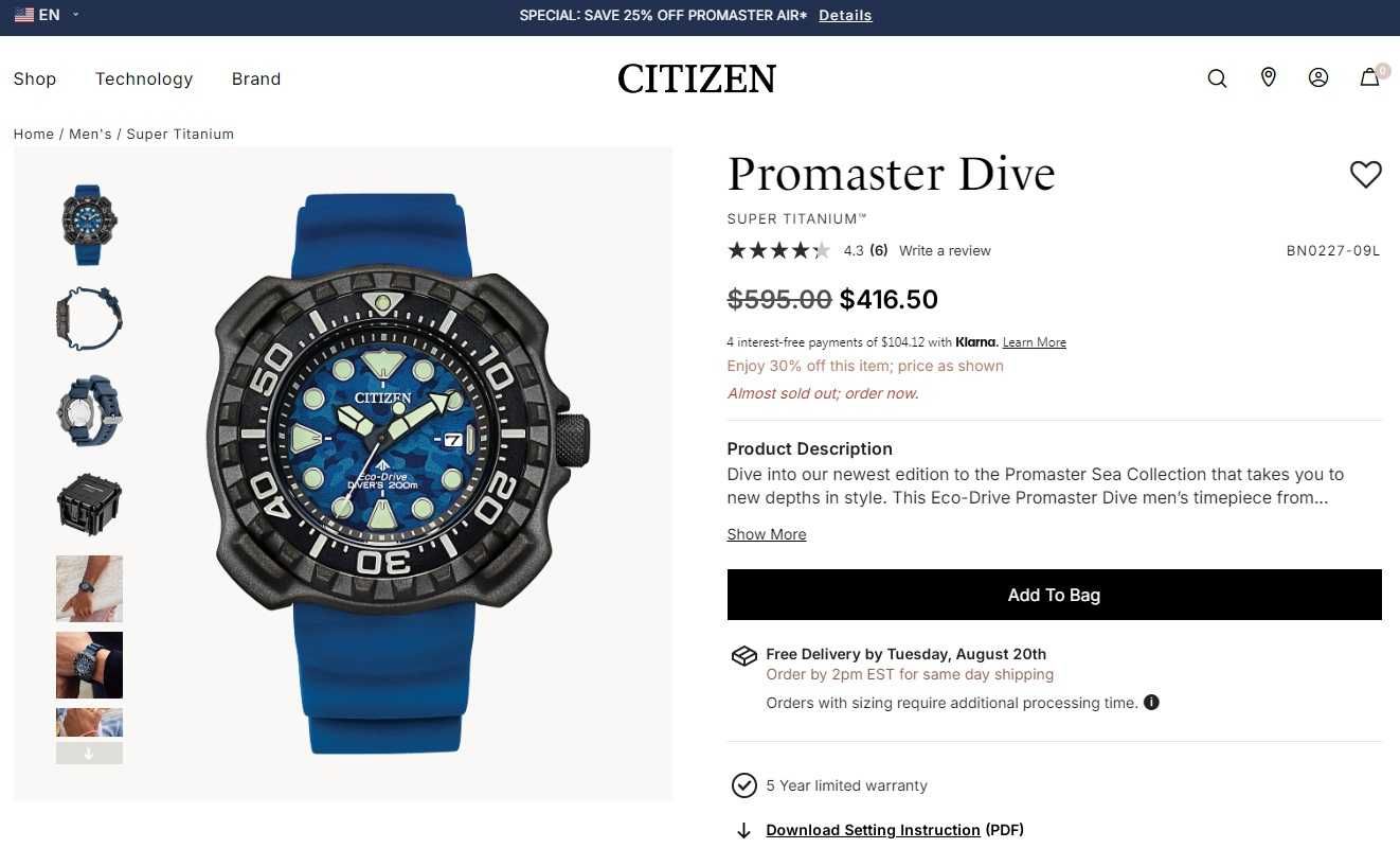Титановые японские дайверские(200м) часы Citizen Eco-Drive BN0227-09L