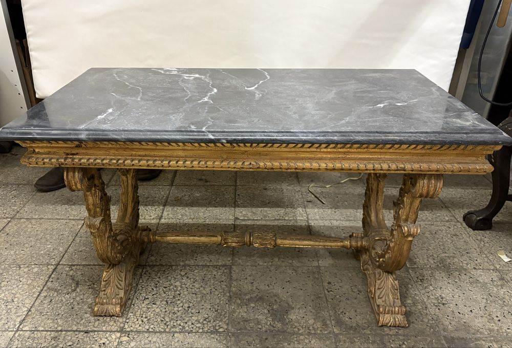 Mesa Retangular de Madeira Dourada e Tampo Marmore