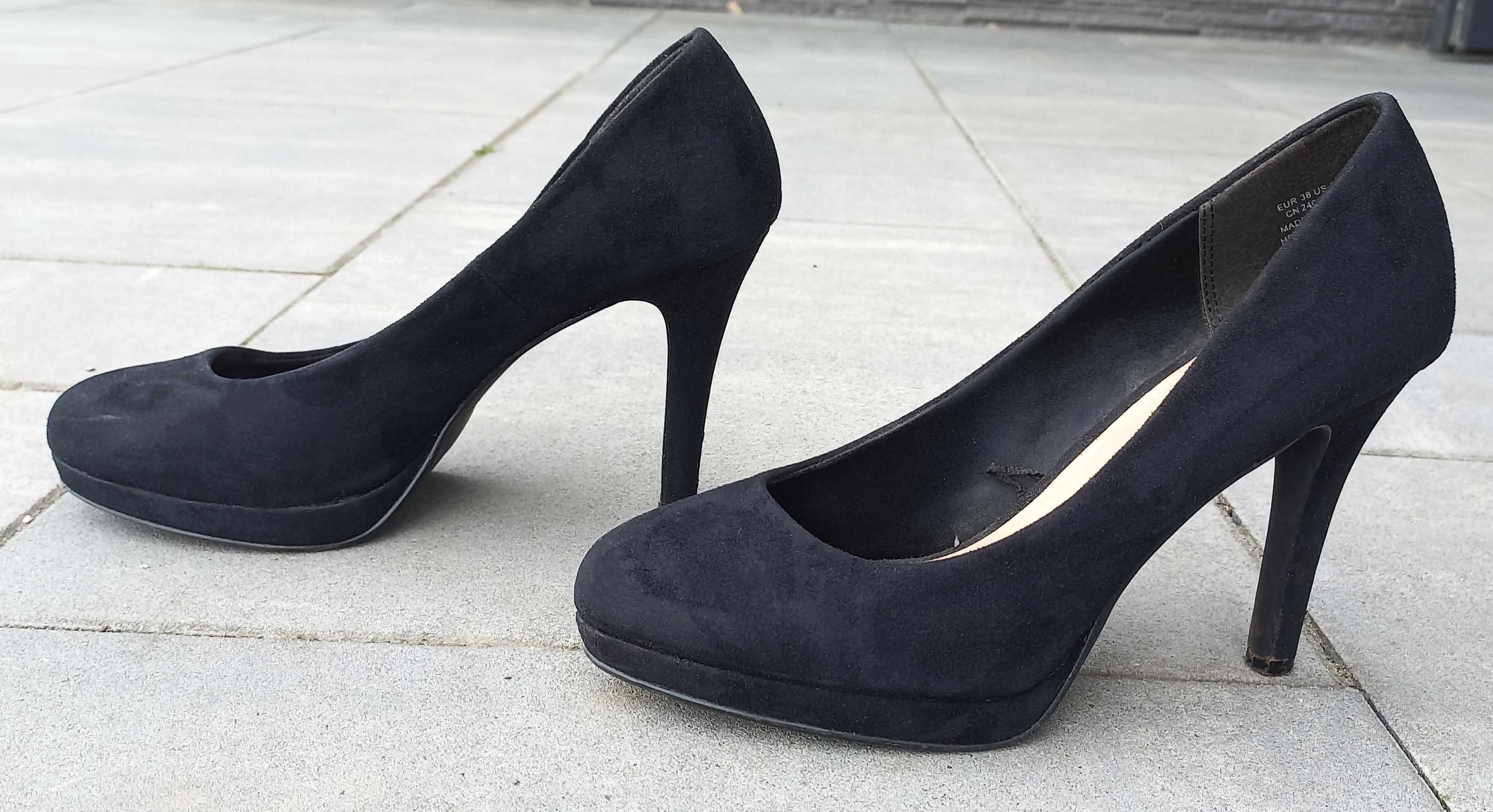 Czarne zamszowe buty na obcasie H&M 38 24,5cm