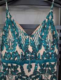 Sukienka maxi na ramiączkach z cekinami zielono beżowa lou Syrenka