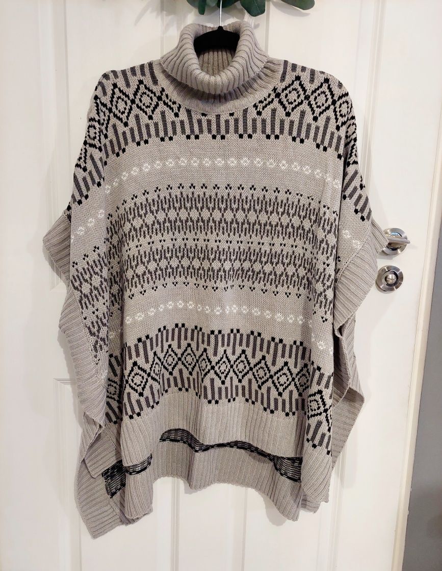 Blue Motion szare ponczo z golfem, norweskie wzory, oversize r. S/M