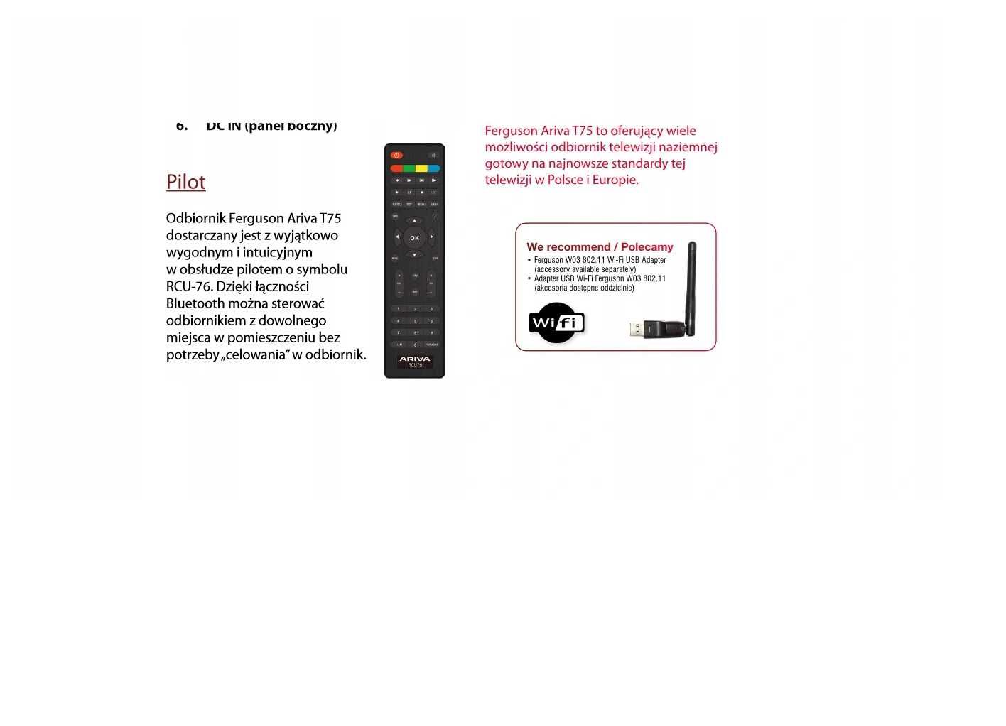 Tuner DVB-T2 Ferguson T75 dekoder H.265 HEVC WiFi