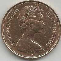 Reino Unido Two New Pence 1971 Rainha Elizabeth II