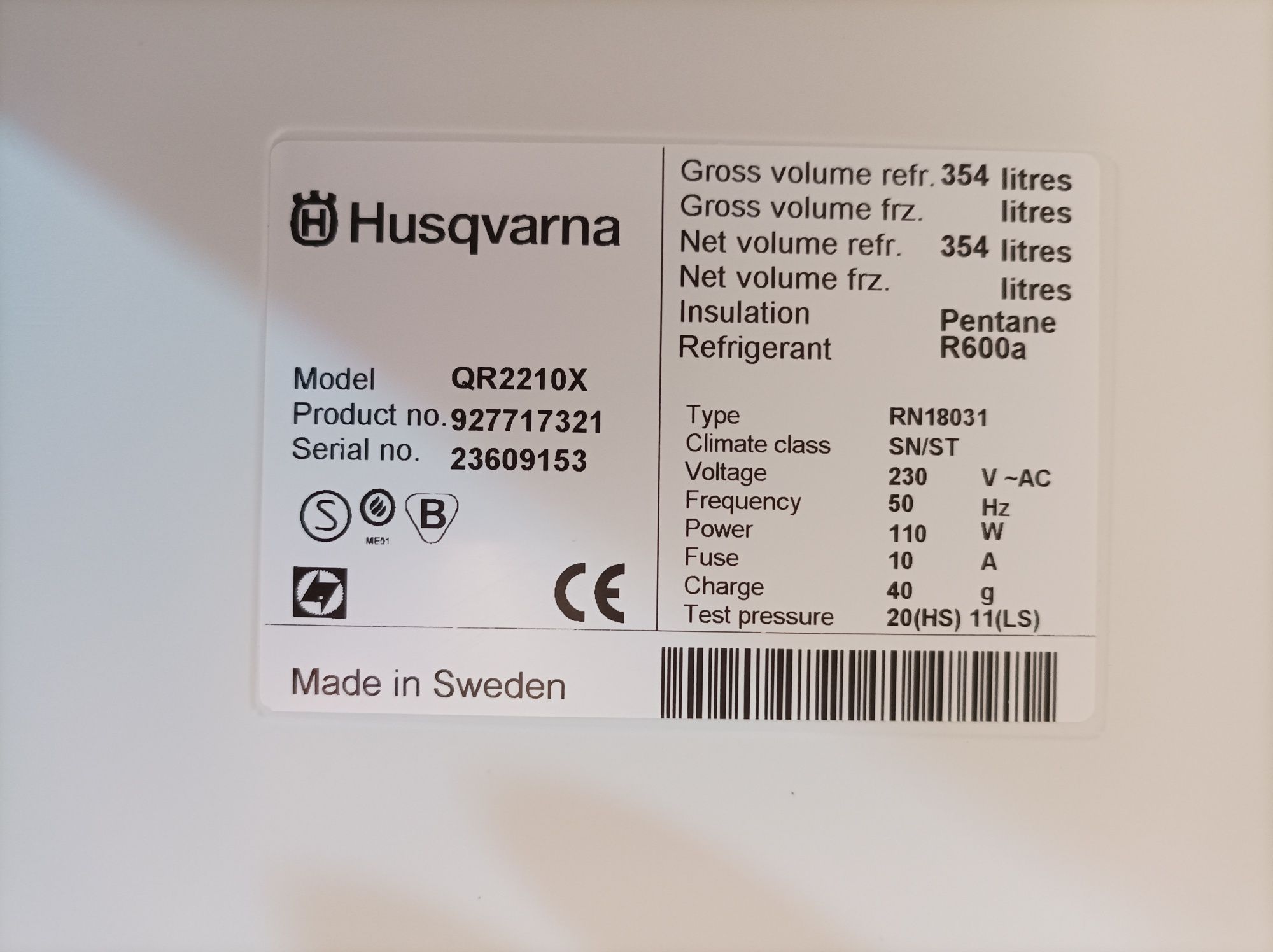 Холодильна камера Husgvarna/Electrolux