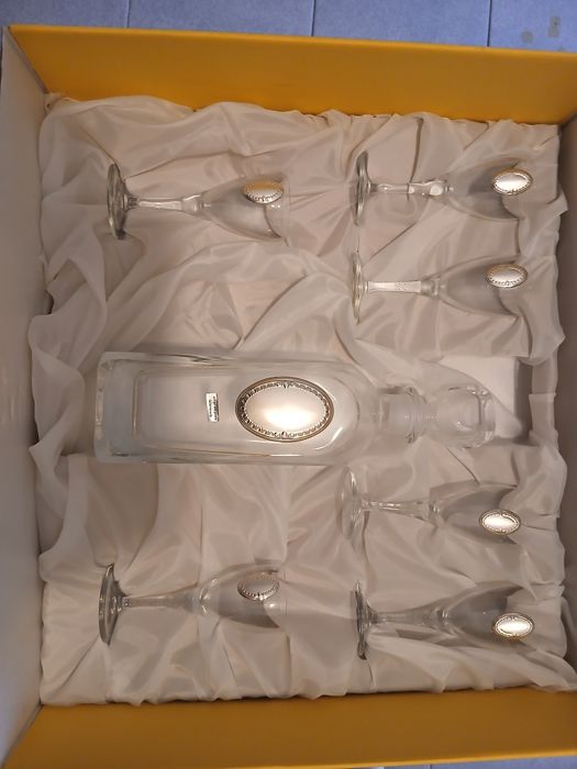 Licoreira e 6 cálices cristal e prata