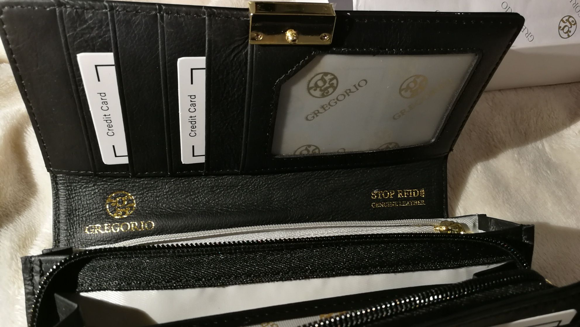 Skórzany duży elegancki damski czarny  portfel Gregorio system RFID