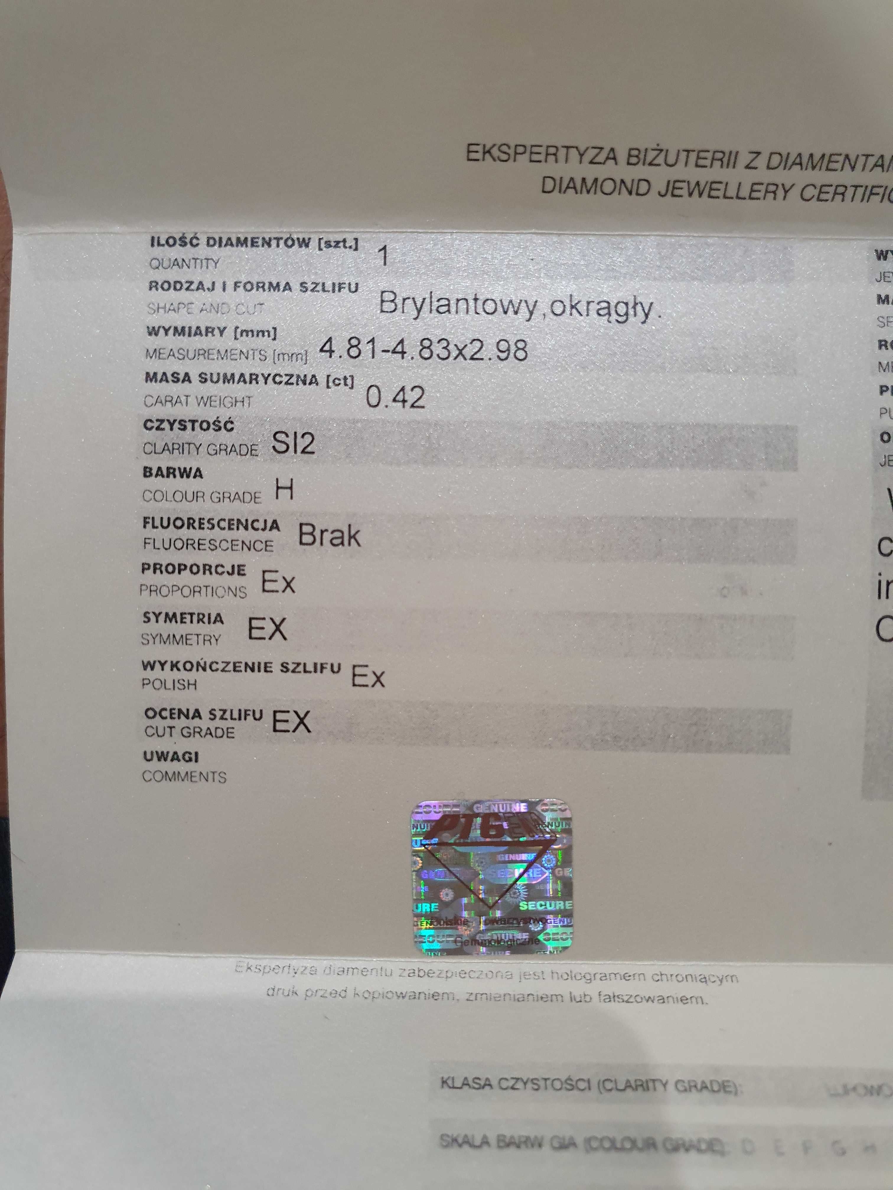 Złoty 585  Pierścionek z diamentem 0,42ct