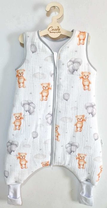 MUŚLIN Śpiworek z nogawkami wywijane skarpety 1,5 tog Miś z balonami