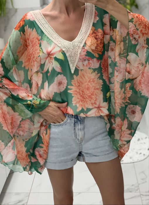 Bluzka zwiewna z szyfonu kolorowa kroj kimono nietoperz lekka 36 37