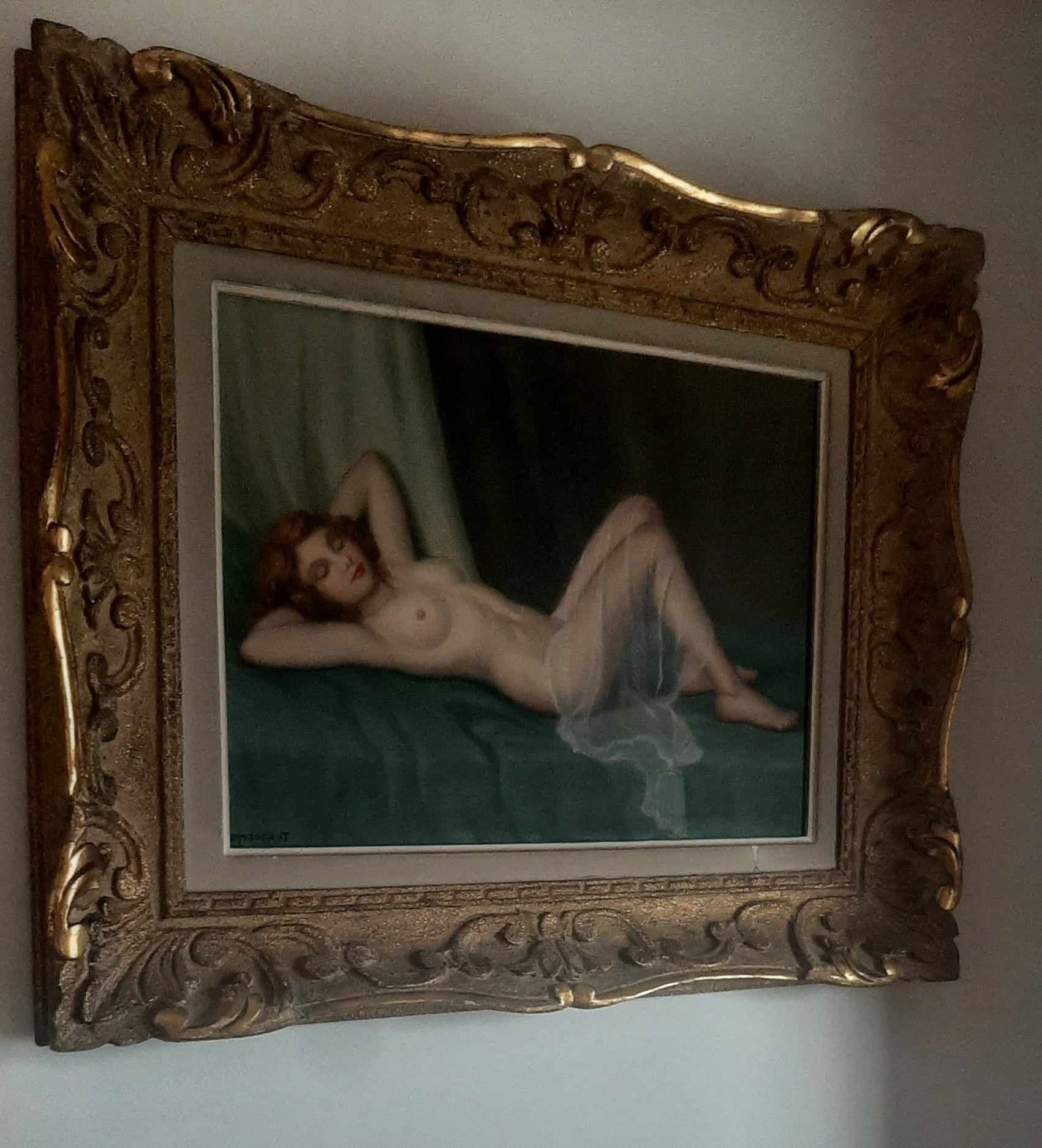 Quadro com pintura ,cena de um nu feminino., do século IXX