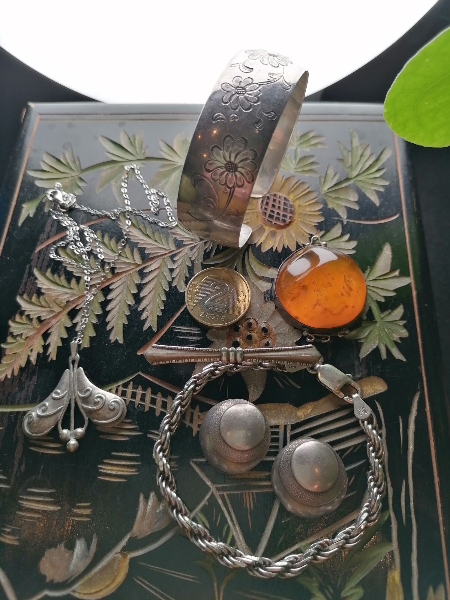 Stara srebrna bransoleta bangla Lutz & Weiss kwiaty