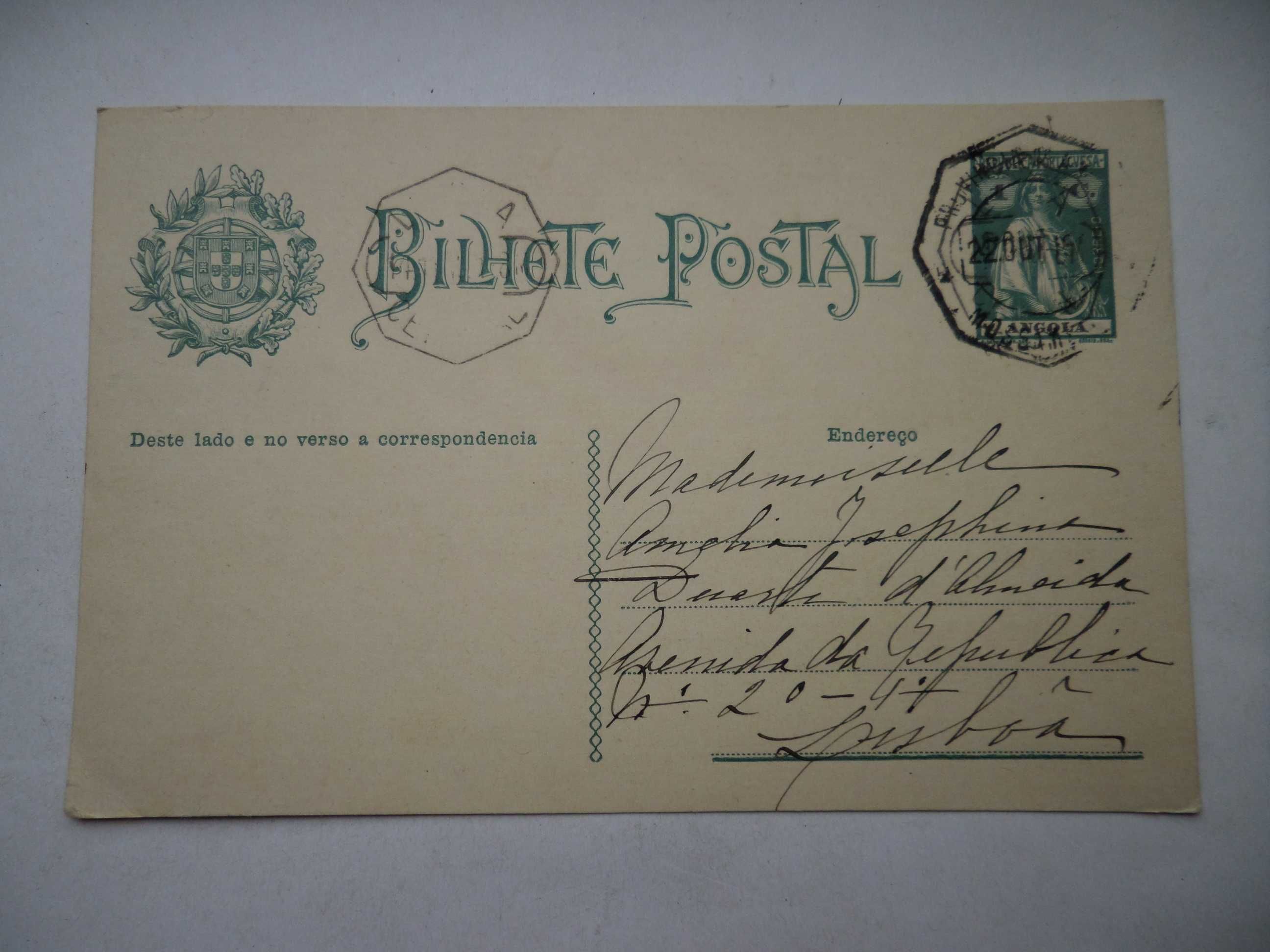 Bilhete Postal selado (selo impresso, Angola)   , ano 1915