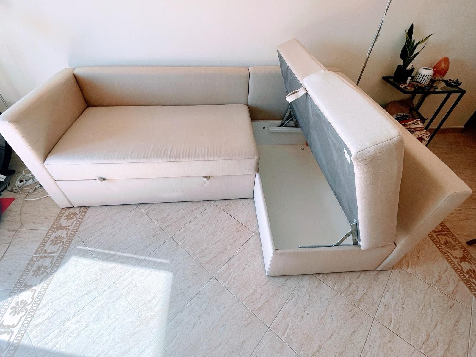 Sofá-Cama em L com Arrumação – Bege Claro – Muito Confortável
