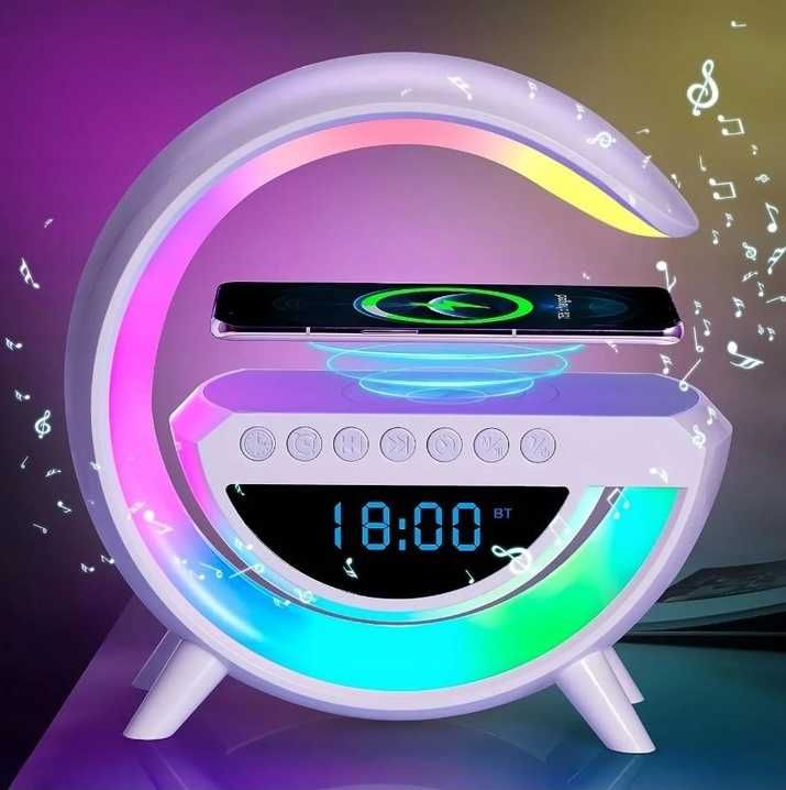 LAMPKA LED RGB Ładowarka INDUKCYJNA QI Głośnik budzik Radioi Zegar uSB