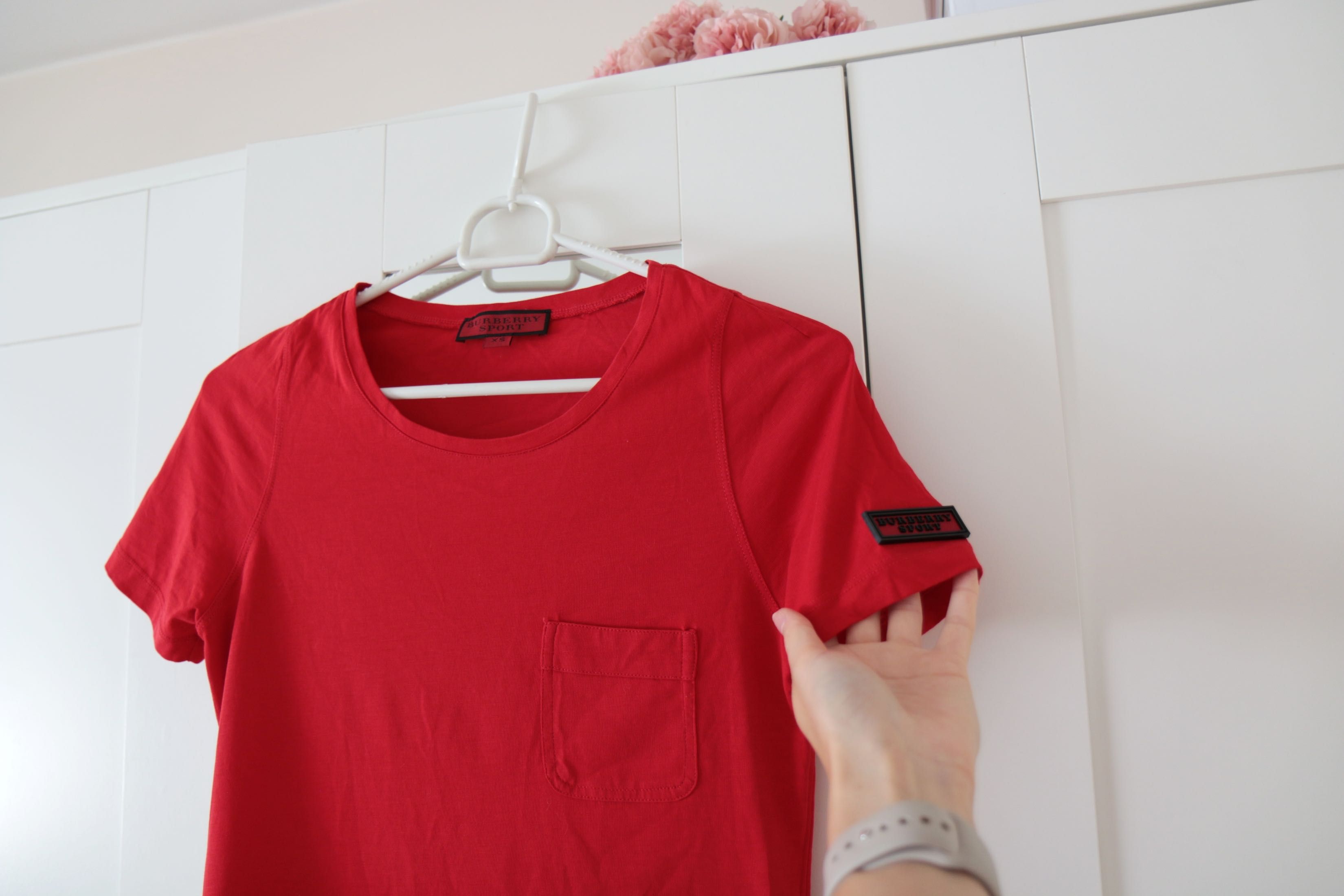 Czerwony t-shirt BURBERRY SPORT XS logowana koszulka bawełna