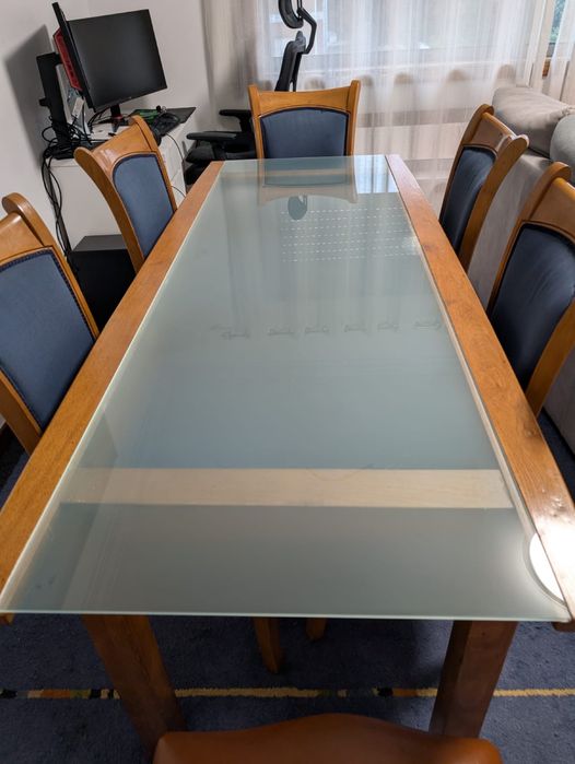 Mesa sala jantar madeira com vidro fosco + 6 cadeiras forradas
