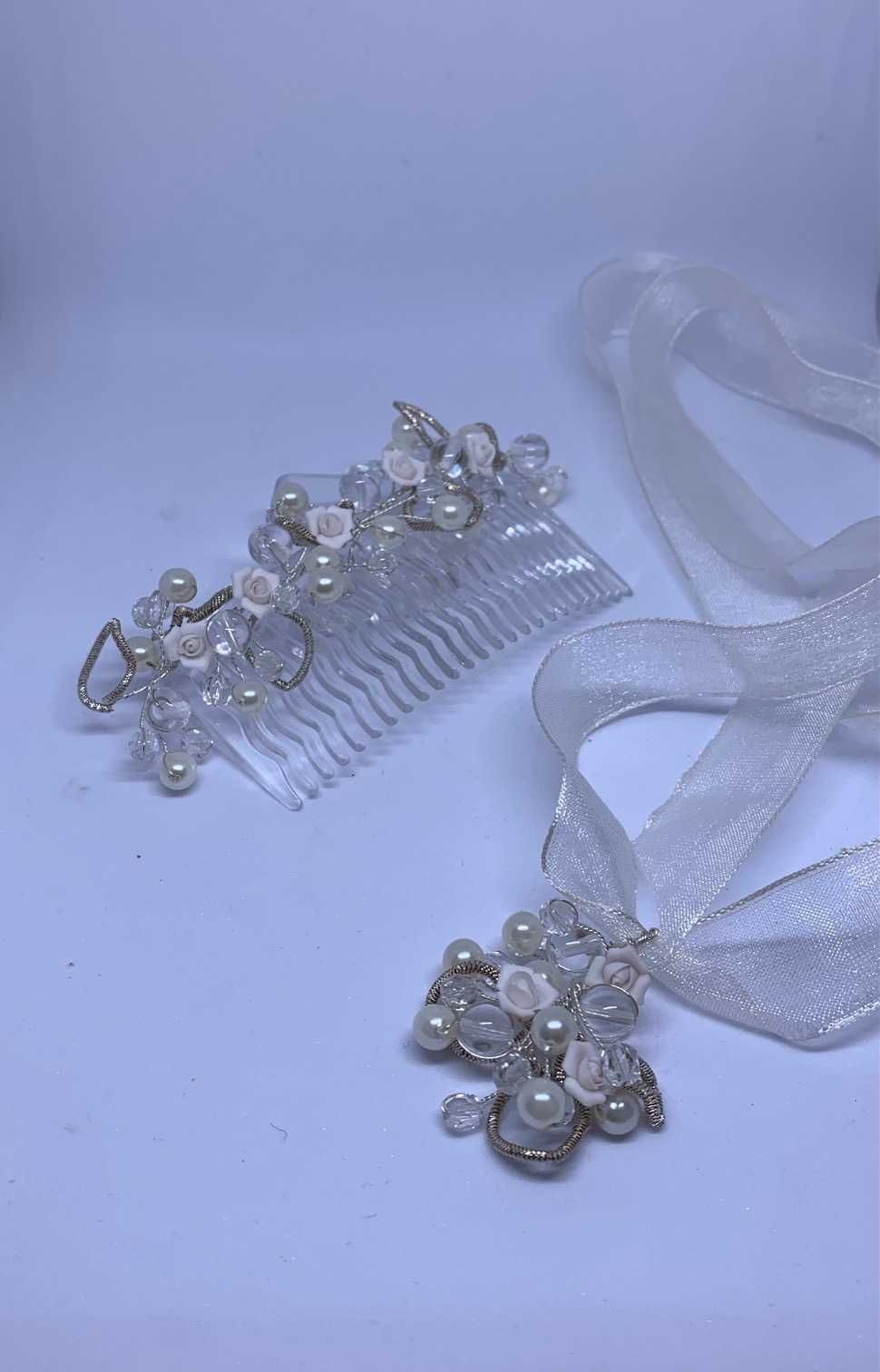 komplet ślubny handmade grzebyk choker róże perły kryształy urok