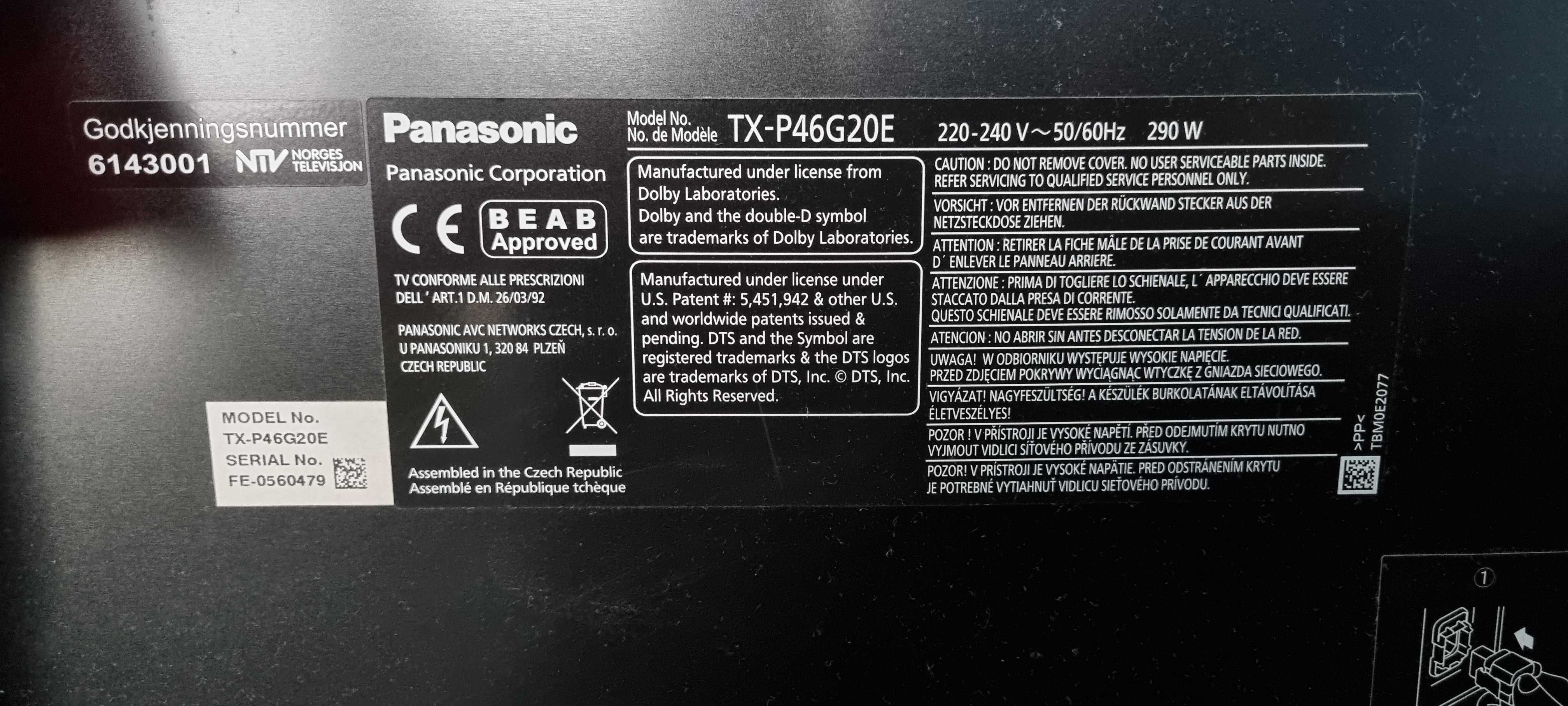 Telewizor plazmowy Full HD Panasonic 46"  TX P46G20E