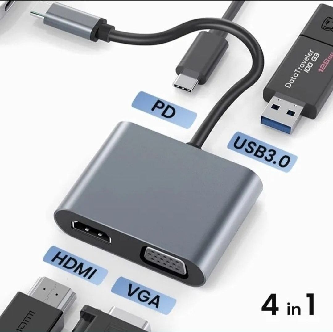 Adaptador hub 4 em 1 com porta HDMI, VGA, PD e USB 3.0