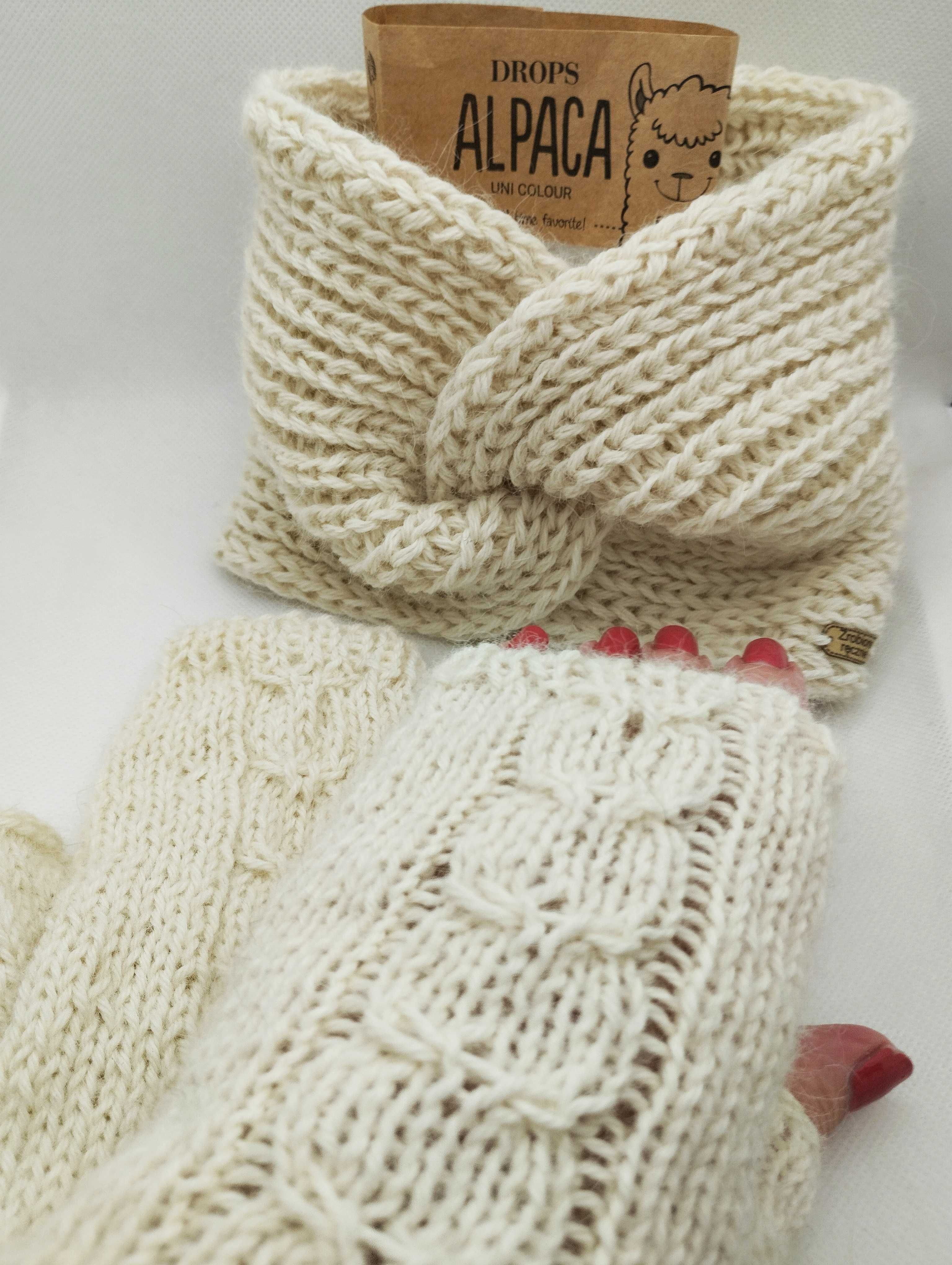 Komplet: opaska; turban; mitenki; alpaka 100%; handmade; ecru