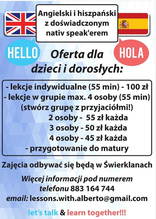 Angielski i hiszpański z native speaker korepetycje lekcje