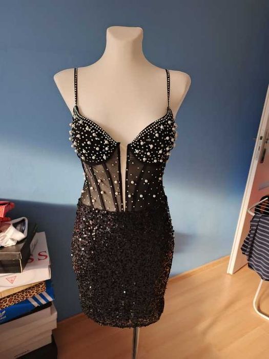 Sukienka damska mini cekiny i perły S